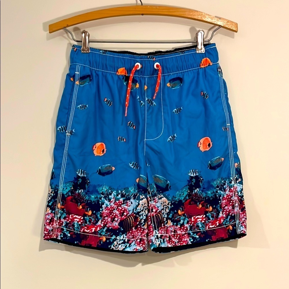 GAP KIDS Youth Boys XL Swim Trunks Blue Ocean Fish Mesh Lining Swim Suit EUC